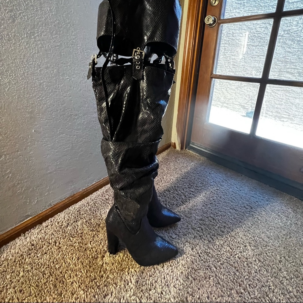 Black snake print thigh high boots with belt